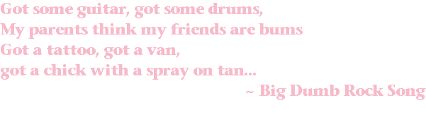 Got some guitar, got some drums, My parents think my friends are bums Got a tattoo, got a van, got a chick with a spray on tan... ~ Big Dumb Rock Song